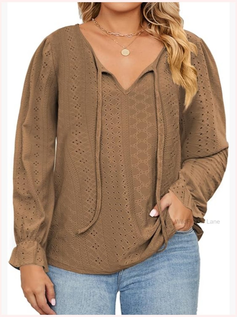 Plus Size V-Neck Puff Long Sleeve Eyelet Drawstring Tunic Top